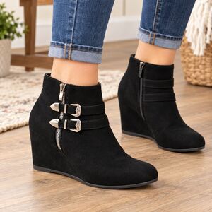 Dream Pairs Size 8.5 Black Suede Wedge Ankle Boots Buckle Zip 2" Heel Booties
